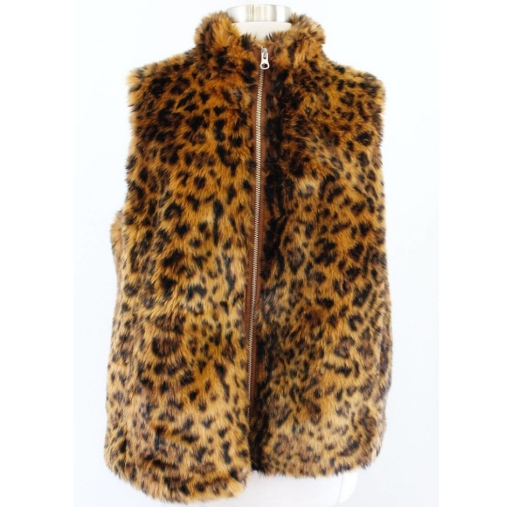 J. Crew Faux Fur Animal Print Zip Vest Tan and Black Size Small